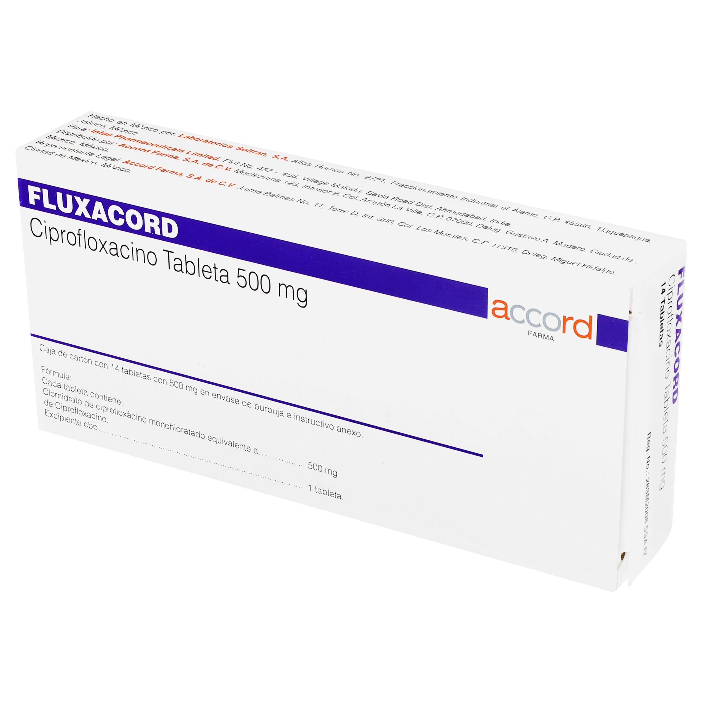 Fluxacord (Ciprofloxacino) 500 Miligramos C/14 Tabletas Dic23-Plvi 5%-3